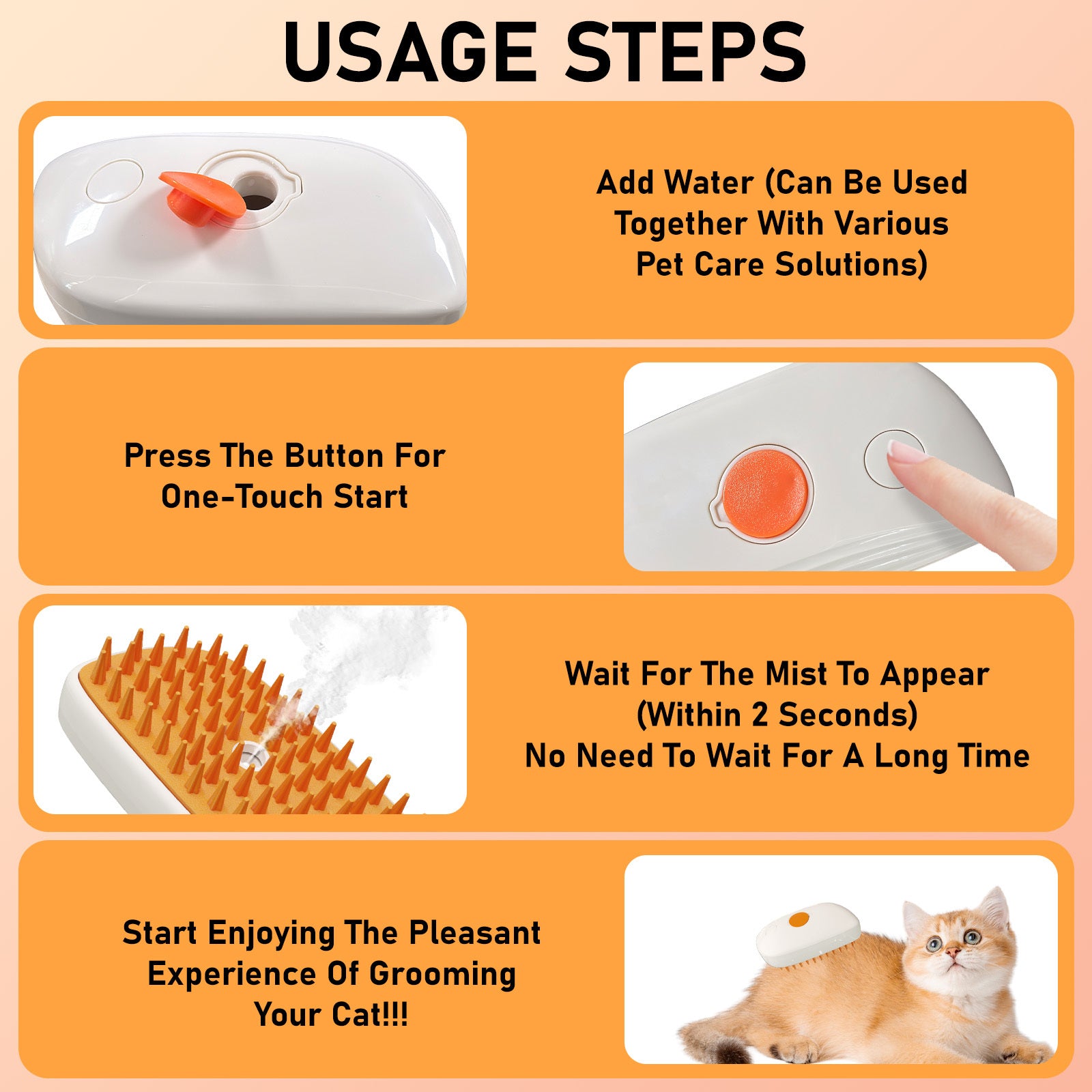 4 In 1 Cat Steam Brush, Anti Static Shedding Spray Comb, Hair Removal, Mist Indoor Steamy Grooming Brush For Dog, Water Spritz Defur Cepillo, Spa Steamer Cloud Para Gatos - Wellora